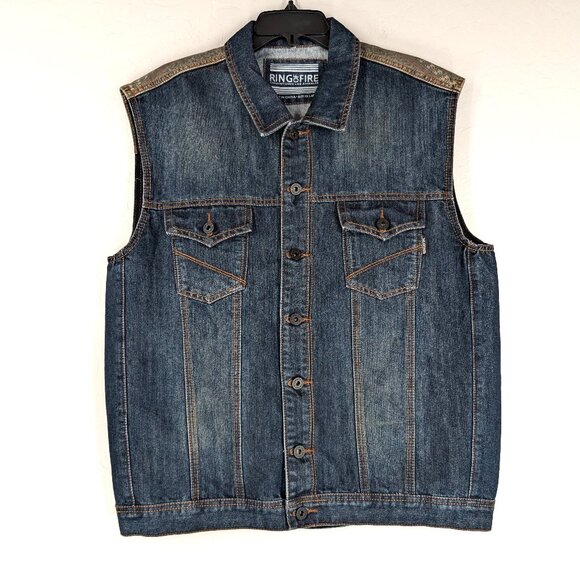 RING OF FIRE Vest Men's 2XL Blue Denim Button Aztec Fade Accent Flap‎ Pockets - Picture 1 of 14